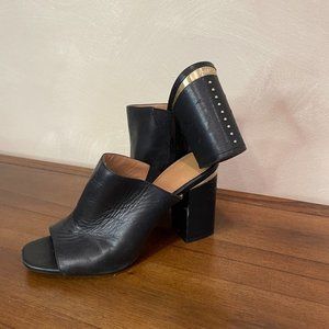 Calvin Klein Black Leather Mule Heeled Sandal with Gold Accents in Size 7
